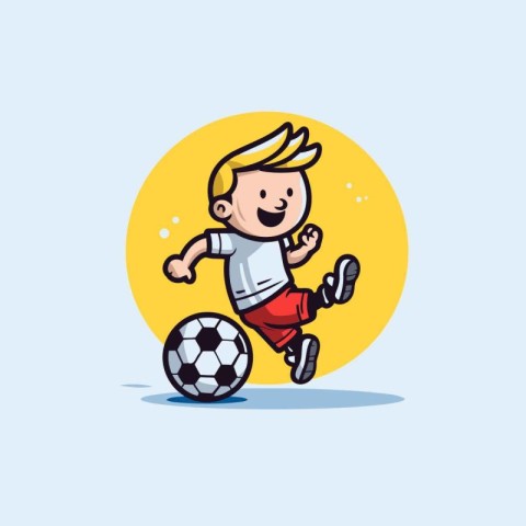 Little boy playing soccer. Cartoon style vector illustration. Sp