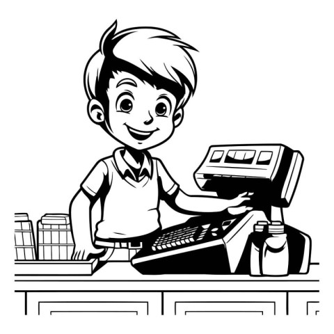 Cartoon boy playing computer games. black and white vector illus