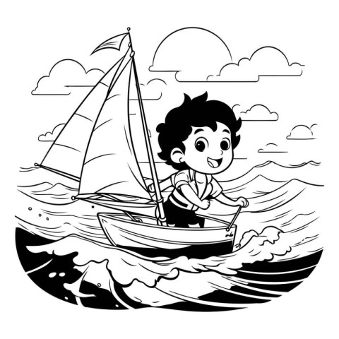 Boy sailing on a boat in the sea. black and white illustration