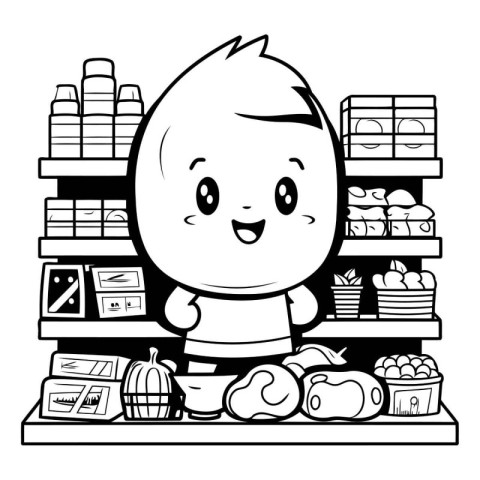 Black and White Cartoon Illustration of Kid Boy Shopping at Supe