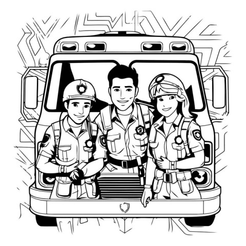 Vector illustration of a group of firefighter in front of a fire