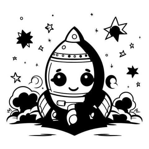 Black and White Cartoon Illustration of Cute Astronaut Character