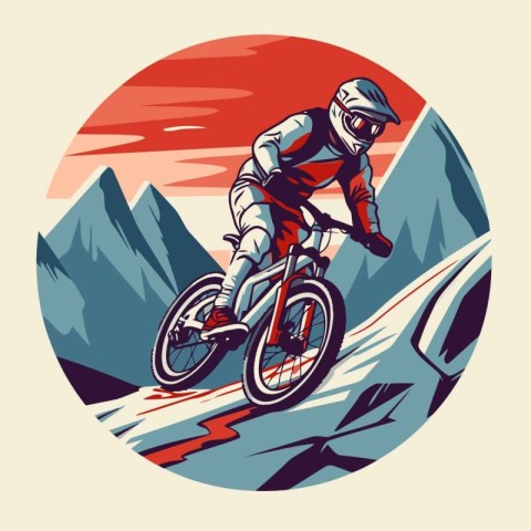 Mountain biker riding a bike in the mountains. vector illustrati