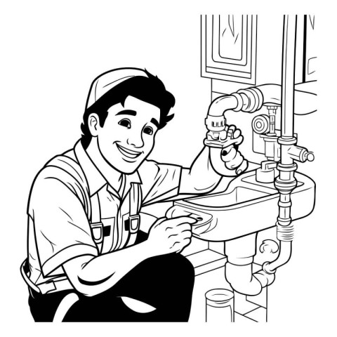 Plumber at work. Black and white vector illustration for colorin