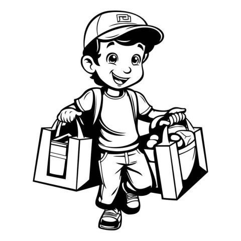 Cute little boy with shopping bags. Black and white vector illus