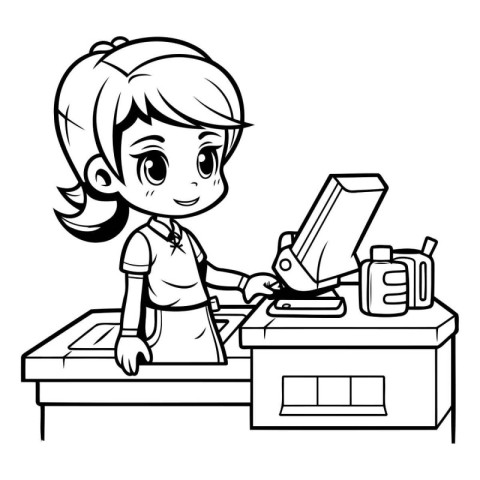 Black and White Cartoon Illustration of Teenage Girl Working on