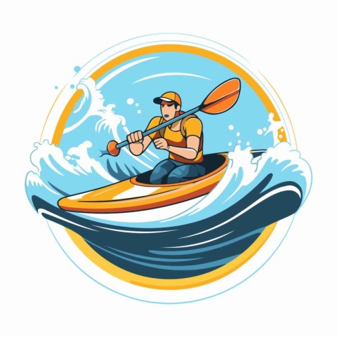 Kayaking sport vector icon. Kayak and paddler illustration.