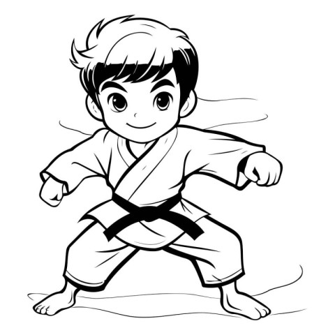 Karate Boy - Black and White Cartoon Illustration for Coloring B