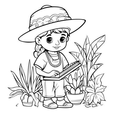 Coloring Page Outline Of a Cute Little Girl with a Book