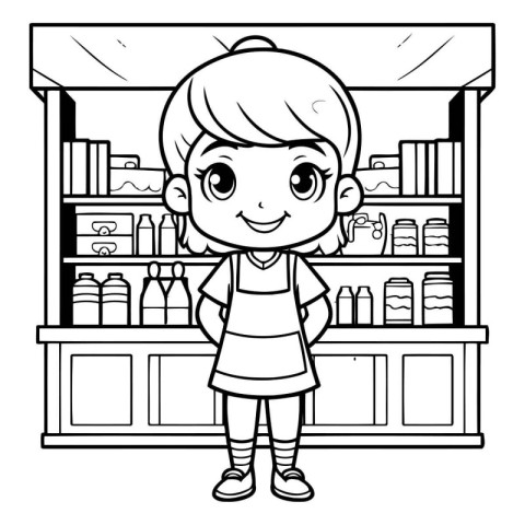 cute little girl in supermarket shelf vector illustration design