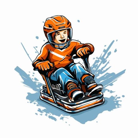 Funny cartoon karting boy with helmet. Vector illustration.