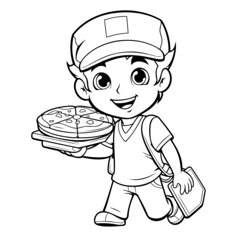 Illustration of a Little Boy Holding a Stack of Pizza - Coloring