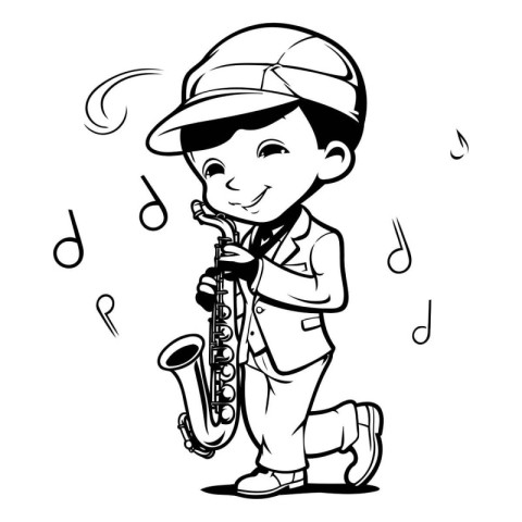 Cartoon boy playing the saxophone on a white background. Vector