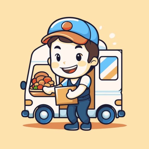 Delivery man with food truck. Vector illustration of a cartoon c