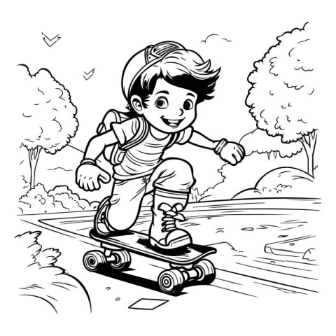 boy riding a skateboard in the park. black and white illustratio