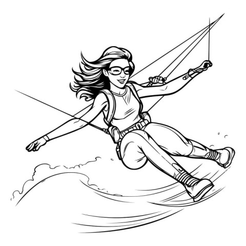 Kitesurfing - kitesurfer girl. Black and white vector illustrati