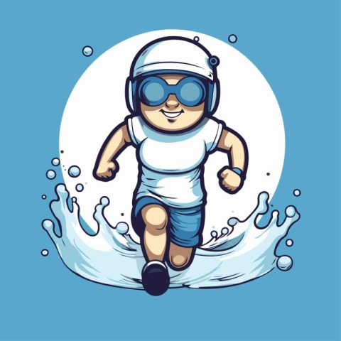 Cute little boy in helmet and goggles riding a wave. Vector illu