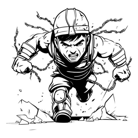 Cartoon illustration of a spaceman running from a stone. Black a