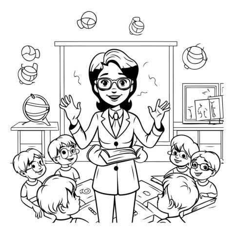 Teacher in classroom. Black and white vector illustration for co