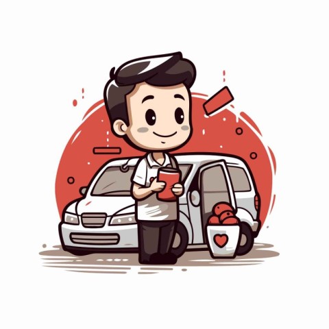 Man drinking coffee and driving car. Vector illustration in cart