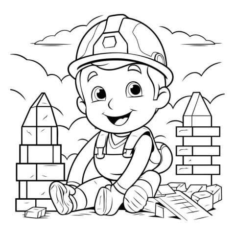 Cartoon Illustration of Little Boy Construction Worker Character