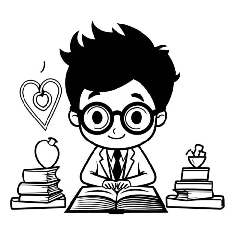 boy with books and heart icon cartoon black and white vector ill