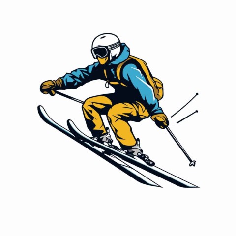 Vector illustration of a skier skiing downhill viewed from side