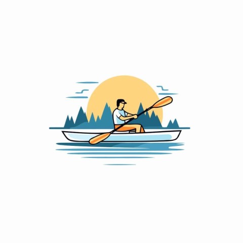 Man rowing on a kayak. Flat design. Vector illustration.