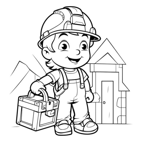 Black and White Cartoon Illustration of Cute Little Boy Construc