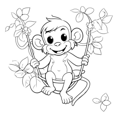 Cute monkey sitting on a swing. Vector illustration for coloring