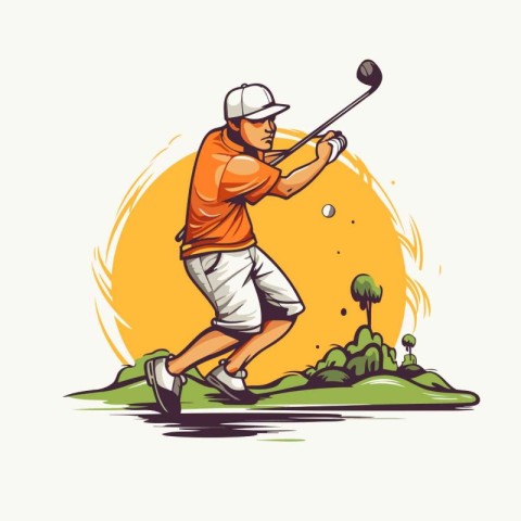 Golfer hitting the ball with a club. Vector illustration.