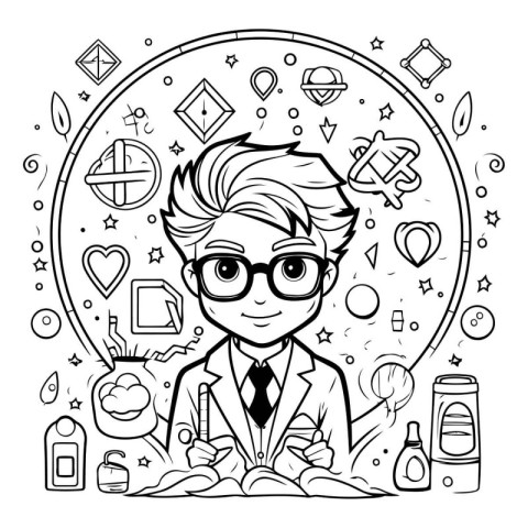 Coloring book for children: boy in the office. Vector illustrati