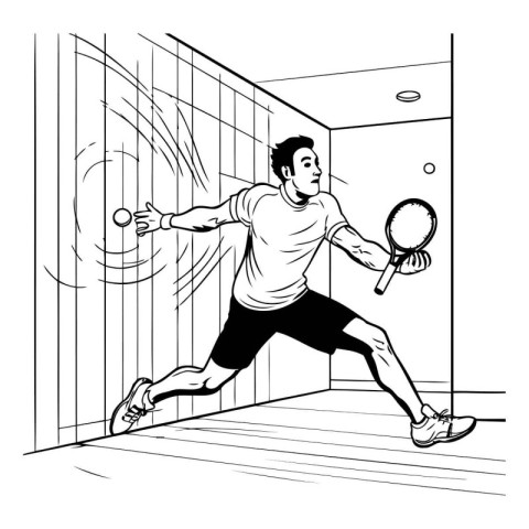 Tennis player with racket and ball. Vector illustration in black