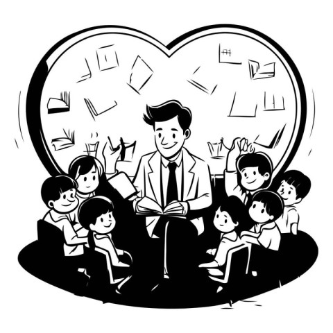 Illustration of a teacher and students reading books in a heart