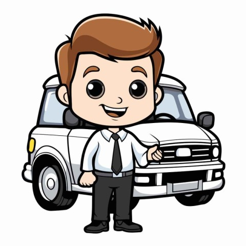 Cartoon man with a car on white background. Vector illustration.