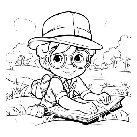 Boy reading a book in the park. Vector illustration for coloring