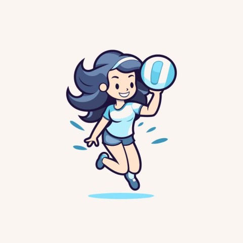 Cute girl running and holding a zero sign. Vector illustration.