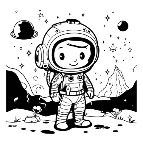 Astronaut boy in space suit. Vector illustration. Black and whit