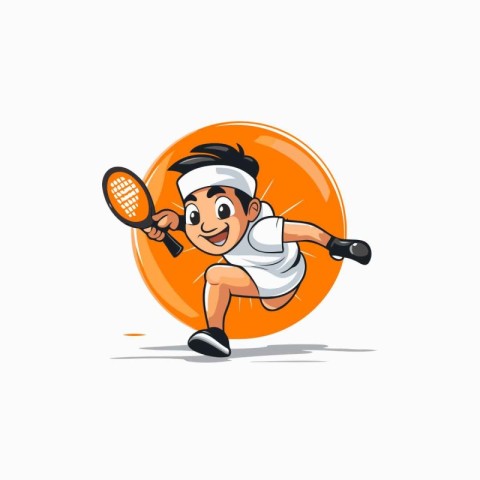 Cartoon tennis player with racket and ball isolated on white bac