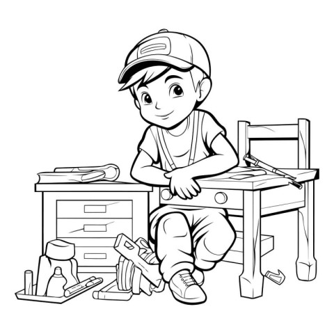 Coloring page for children. Cute little boy in builder uniform s