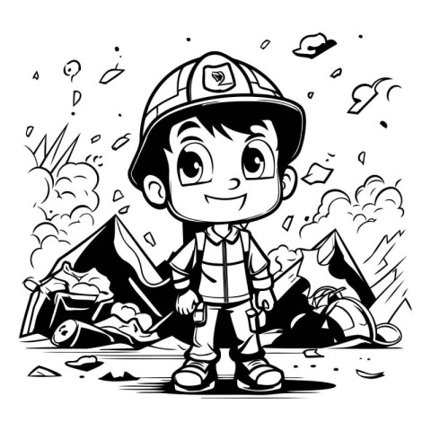 Fireman in cartoon style. Black and white vector illustration fo