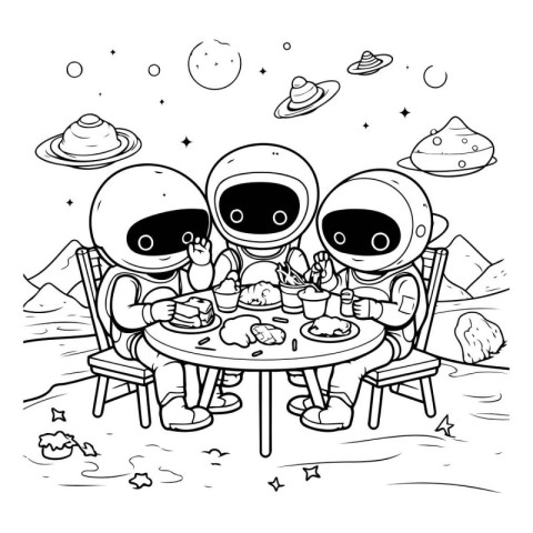 Astronaut family at the table. Vector illustration. Coloring boo