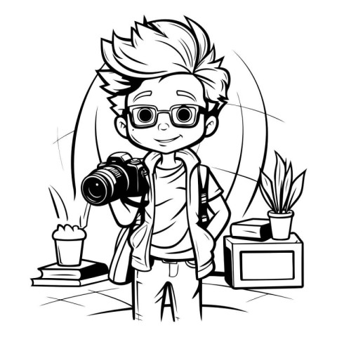 Hipster Boy Photographer - Black and White Cartoon Illustration.