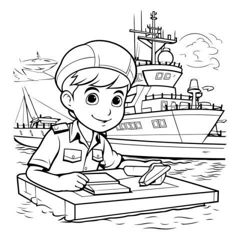 Black and White Cartoon Illustration of Kid Boy Servicing on Boa