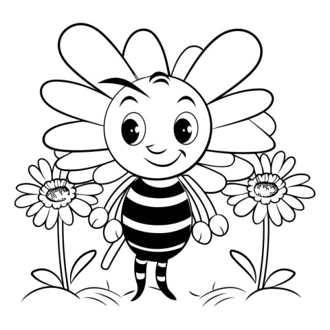 Cute bee with flowers. black and white vector illustration for c