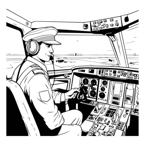 Pilot in the cockpit of a helicopter. Black and white illustrati