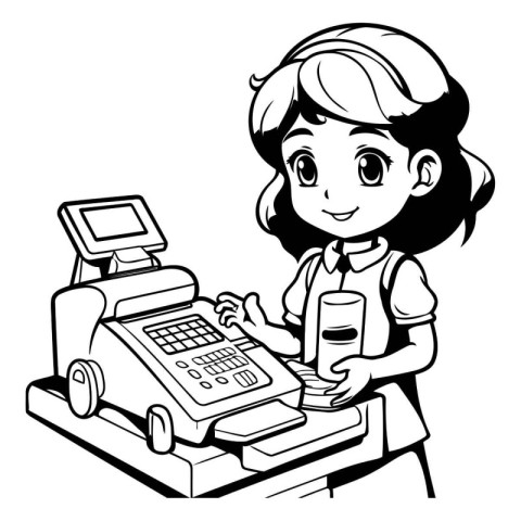 Black and White Cartoon Illustration of Little Girl Holding a Ca