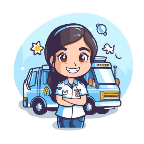 Cute little girl doctor with ambulance. Vector illustration in c