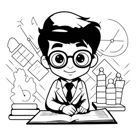 Vector illustration of boy in glasses reading a book. Black and