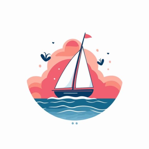 Sailing boat in the sea. Vector illustration in flat style.